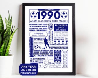 Any Year Football Print of Any Mens Club in The Top 3 Tiers of English Football in Navy Text – Birthday Gift