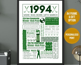 30th Golf Birthday Gift | Personalised 1994 Golf Poster | Golf Gift for Men | 30th Golf Gift for Him– A4 Frame & Gift Option