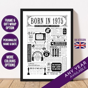 1975 Birthday Poster | Personalised 50th Birthday Gift | Year You Were Born Fact Print | Birthday Gift for Him | For Her