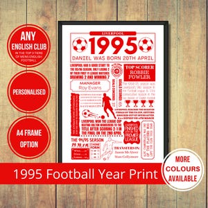 1995 Football Fact Print of ANY English Mens Football Club in The Top 3 Tiers of English Football in red - 30th Football Birthday Gift