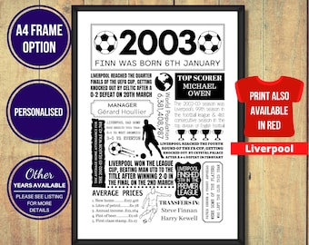 2003 Liverpool Personalised 21st Birthday Print | Mens Football Poster Gift – With A4 Framed and Gift Option – UK Version