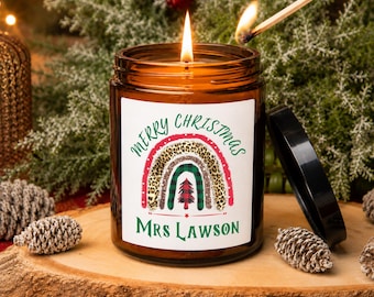 Personalised Teacher Christmas Candle, Festive Rainbow, Amber Apothecary Jar