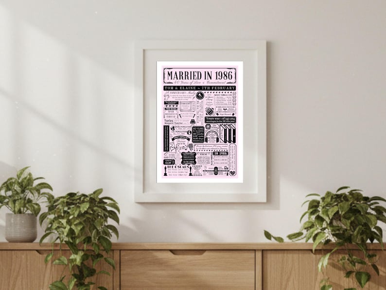 Married in 1986 Print | Personalised 40th Ruby Wedding Anniversary Gift Year | You Were Married Fact Poster | Custom Party Decor image 7