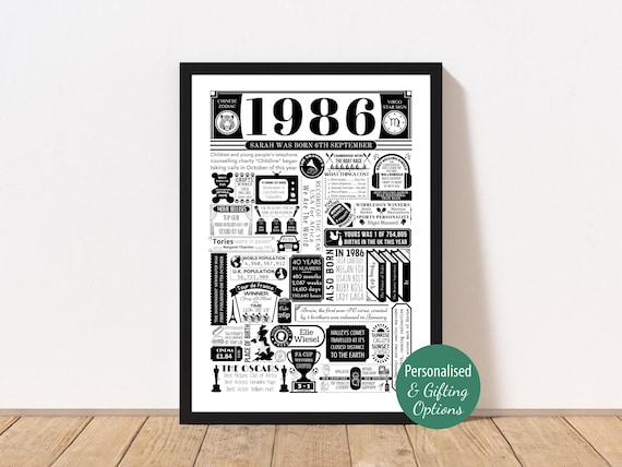 1986 Birthday Poster | Personalised 40th Birthday Gift | Year You Were Born Print | Gift for Men and Women | 40th Party Decor