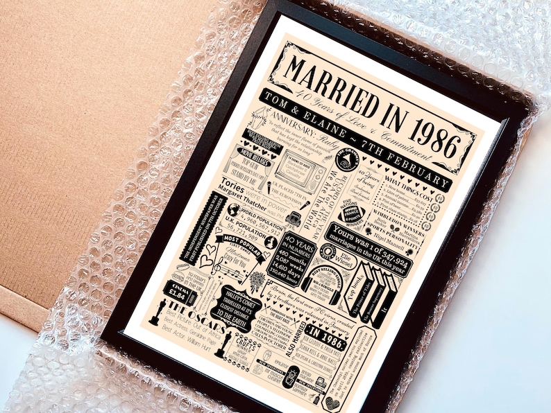 Married in 1986 Print | Personalised 40th Ruby Wedding Anniversary Gift Year | You Were Married Fact Poster | Custom Party Decor image 12