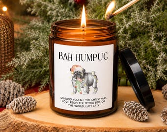 Personalised Pug Christmas Candle, Funny Bah Humpug Dog Lover Gift, Amber Jar Candle