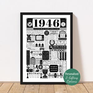 Póster de cumpleaños de 1946 / Regalo personalizado para 80 cumpleaños / Impresión del año de tu nacimiento / Decoración para fiesta de 90 cumpleaños / Regalo para hombres y mujeres