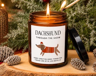 Personalised Sausage Dog Christmas Candle, Dachshund Gift For Dog Lovers, Amber Jar Candle