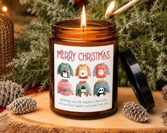 Personalised Christmas Candle, Festive Jumper Design, Phthtlate Free, Amber Jar Candle