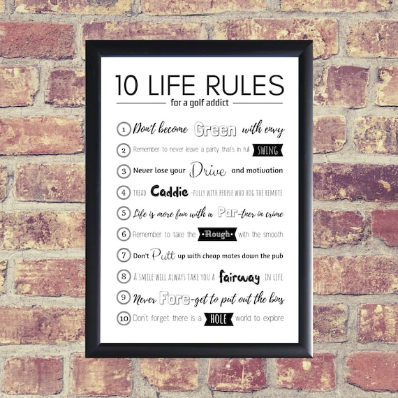 10 Life Rules For A Golf Lover Funny Wall Poster Typography Etsy