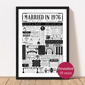 Married in 1976 Print | Personalised 50th Golden Wedding Anniversary Gift | Year You Were Married Fact Poster | Custom Party Decor