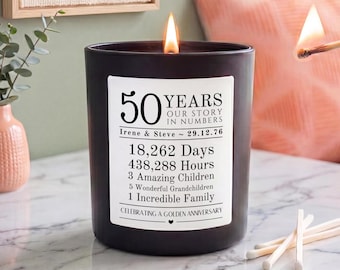Personalised 50th Golden Anniversary Candle | Years Married Gift | Our Story in Numbers | Present for Wife Husband
