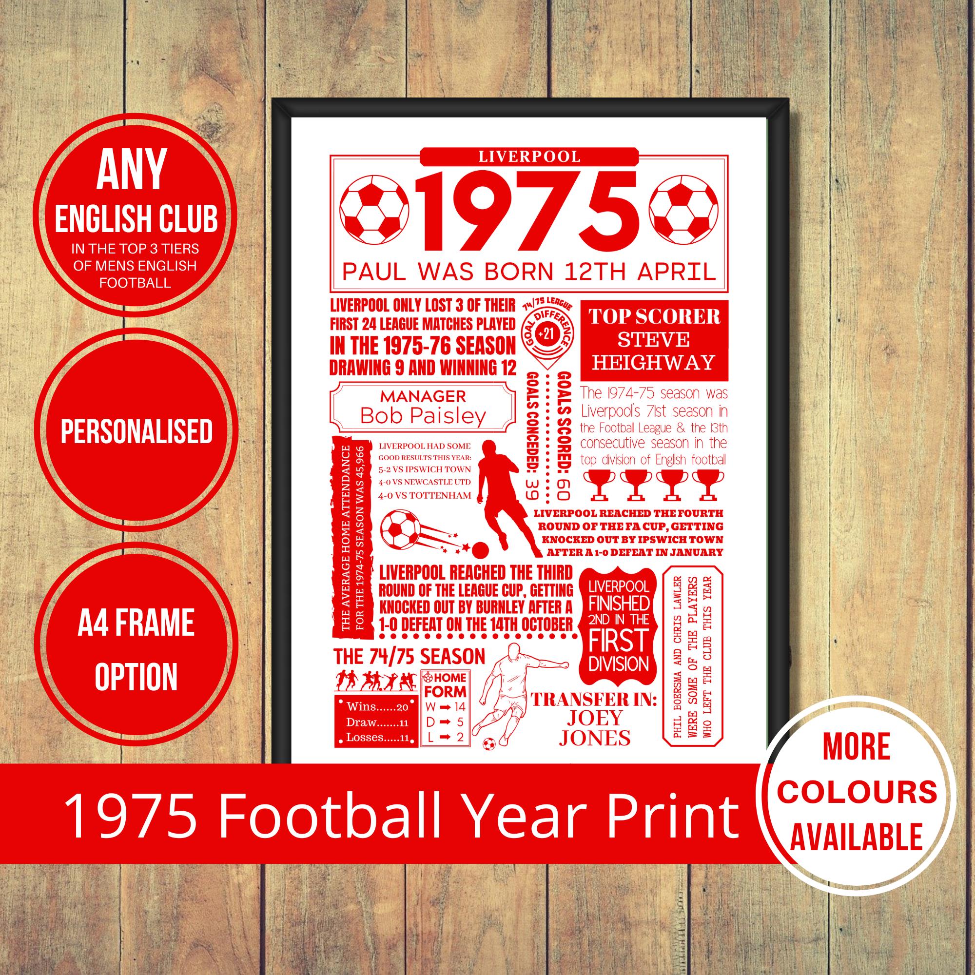 1975 Football Fact Print of ANY English Mens Football Club in The Top 3 Tiers of English Football in Red Text - 50th Football Birthday Gift