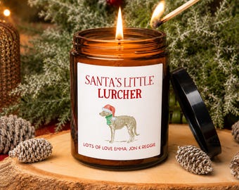 Personalised Lurcher Christmas Candle, Santa’s Little Lurcher Dog Lover Gift, Phthalate Free, Amber Jar Candle