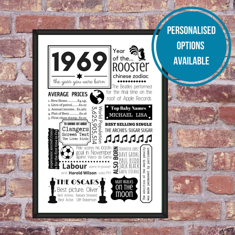 UK 1969 Year You Were Born 52nd Birthday Gift Fun Facts Happy | Etsy