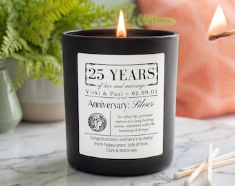 Personalised 25th Silver Wedding Anniversary Candle | Custom Names & Date Gift | Vegan Soy Wax Candle | 25 Years Married Present