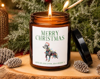 Personalised Doberman Christmas Candle, Gift For Dog Lovers, Phthalate Free, Amber Apothecary Jar