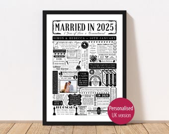 Married in 2025 Photo Poster - Personalised 1st Year Paper Wedding Anniversary Gift, Year You Were Married Print