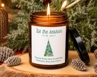 Personalised Christmas Candle, Tis The Season To Be Jolly, Phthtlate Free, Amber Jar Candle