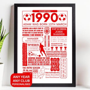 Any Year Football Print of Any Club in The Top 3 Tiers of English Mens Football in Red Text – Birthday Gift