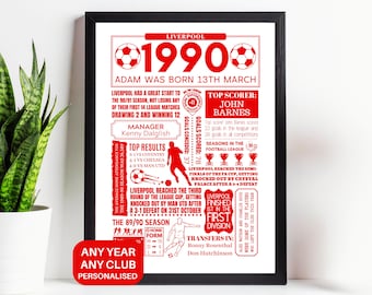Any Year Football Print of Any Club in The Top 3 Tiers of English Mens Football in Red Text – Birthday Gift