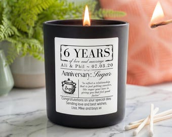 Personalised 6th Wedding Anniversary Candle | Sugar Anniversary Gift | Custom Names & Date | Vegan Soy Wax