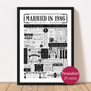 Married in 1986 Print | Personalised 40th Ruby Wedding Anniversary Gift Year | You Were Married Fact Poster | Custom Party Decor