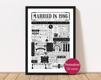 Married in 1986 Print | Personalised 40th Ruby Wedding Anniversary Gift Year | You Were Married Fact Poster | Custom Party Decor