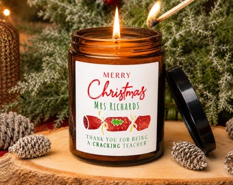 Personalised Teacher Christmas Candle, Phthalate Free, Amber Apothecary Jar