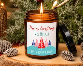 Personalised Merry Christmas Teacher Candle, Winter Wonderland Design, Phthalate Free, Amber Apothecary Jar