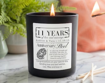 Personalised 11th Wedding Anniversary Candle | Steel Anniversary Gift | Custom Names & Date | Vegan Soy Wax