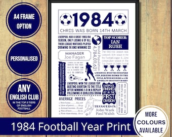 1984 Football Fact Print of ANY Mens English Football Club in The Top 3 Tiers of English Football in Navy - 40th Football Birthday Gift