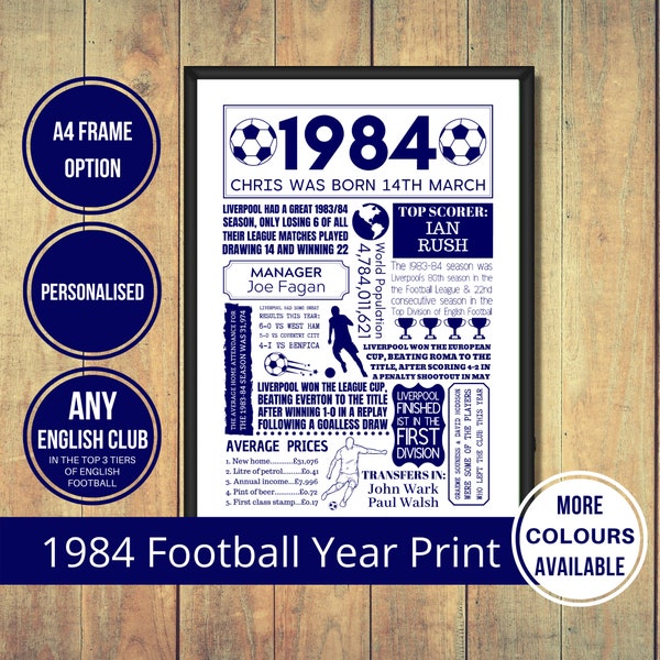 1984 Football Fact Print of ANY Mens English Football Club in The Top 3 Tiers of English Football in Navy - 40th Football Birthday Gift