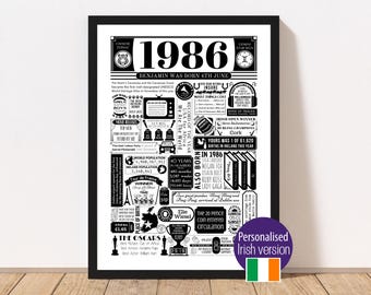 1986 Irish Birthday Poster | Personalised 40th Birthday Gift | Year You Were Born Print - Ireland Version