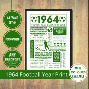 1964 Football Print of ANY Mens English Football Club in The Top 3 Tiers of English Football in Green Text - 60th Football Birthday Gift