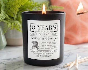 Personalised 8th Wedding Anniversary Candle | Bronze Anniversary Gift | Custom Names & Date | Vegan Soy Wax