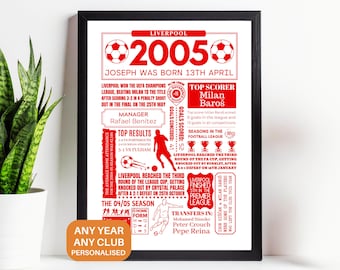 2005 Football Year Print – Personalised Men’s English Club (Top 3 Tiers) | 21st Birthday Retro Football Gift | Custom Red Poster