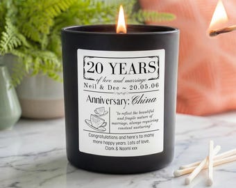 Personalised 20th Wedding Anniversary Candle | China Anniversary Gift | Custom Names & Date | Vegan Soy Wax