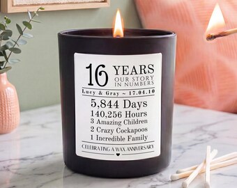 Personalised 16th Wax Anniversary Candle | Years Married Gift | Our Story in Numbers | Present for Wife Husband