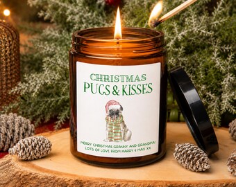 Personalised Pug Christmas Candle, Pugs and Kisses Dog Lover Gift, Amber Jar Candle