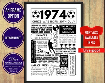 1974 Liverpool Personalised 50th Birthday Print | Mens Football Poster Gift – With A4 Framed and Gift Option – UK Version