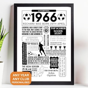 1966 Football Year Print – Personalised Men’s English Club (Top 3 Tiers) | 60th Birthday Retro Football Gift | Custom Party Wall Decor