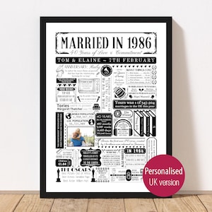 Married in 1986 Photo Poster - Personalised 40th Ruby Wedding Anniversary Gift, Year You Were Married Print