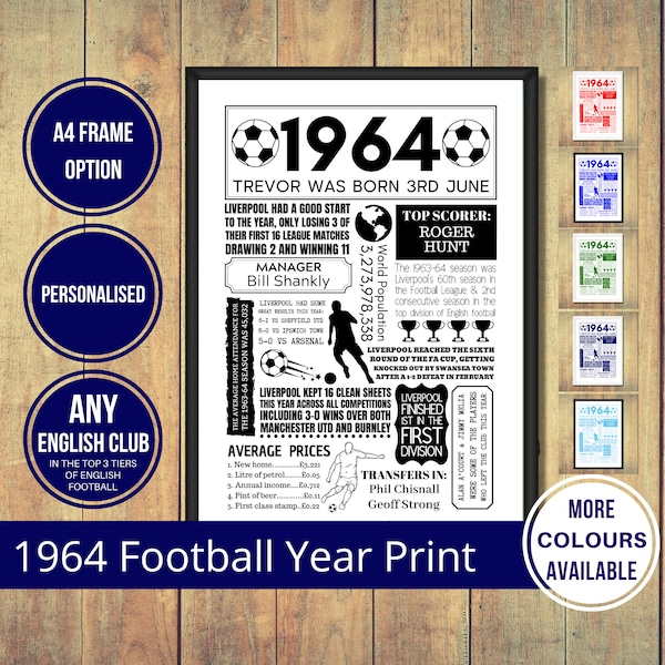 1964 Football Fact Print of ANY Mens English Football Club in The Top 3 Tiers of English Football in - 60th Birthday Gift