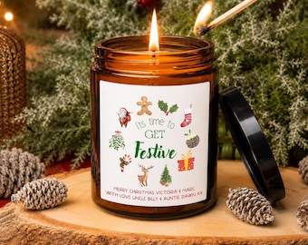 Personalised Christmas Candle, Time To Get Festive Design, Phthtlate Free, Amber Jar Candle