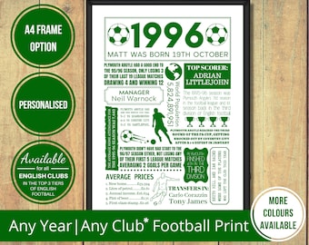 Any Year Football Print of Any Club in The Top 3 Tiers of English Men’s Football in Green Text – Birthday Gift