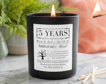 Personalised 5th Wedding Anniversary Candle | Wood Anniversary Gift | Custom Names & Date | Vegan Soy Wax