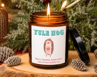 Personalised Hedgehog Christmas Candle, Yule Hog Custom Message Gift, Phthtlate Free, Amber Jar Candle