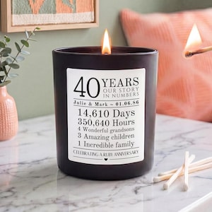 May include: A black candle in a cylindrical glass container with a white label featuring the text 40 YEARS OUR STORY IN NUMBERS, Julie & Mark, 01.06.86, 14,610 Days, 350,640 Hours, 4 Wonderful grandsons, 3 Amazing children, 1 Incredible family.