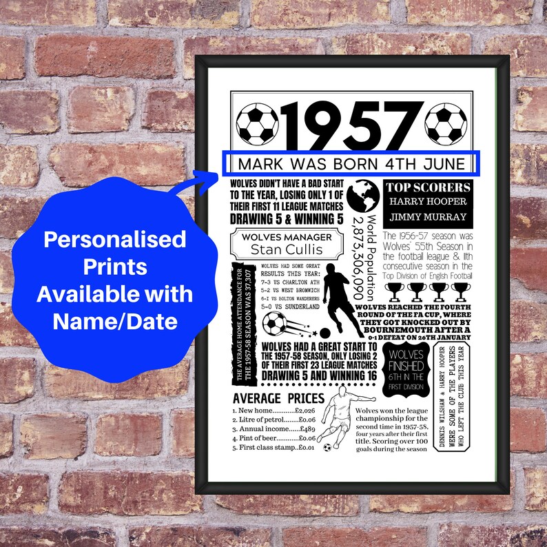 1957 Wolverhampton Wanderers FC Football Fun Facts Year You | Etsy